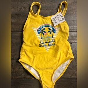 ZARA Girls One Piece Swimsuit Cutouts California Print Yellow 6-7 Years NEW